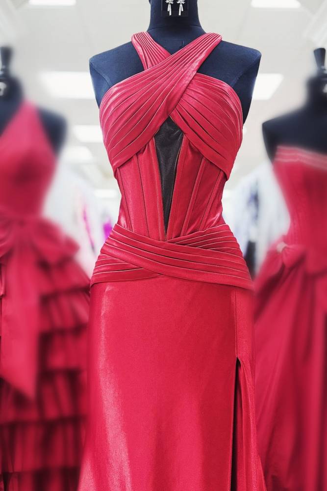 Robe de soirée/Robe de bal sirène fendue en satin vert avec col croisé